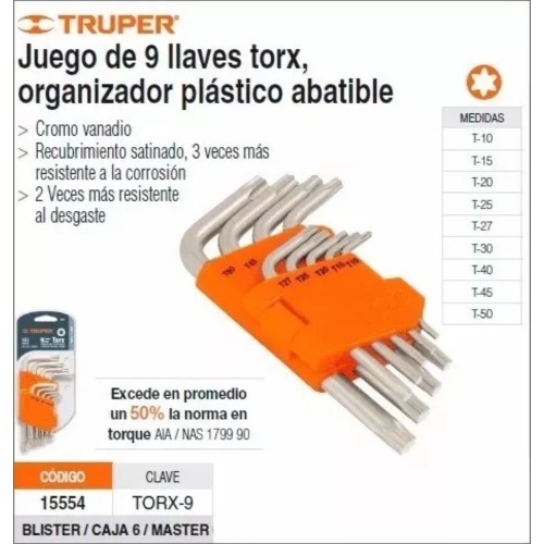Llaves Torx juego   9p "L" T10 a T50 15554 TORX-9 TRUPER