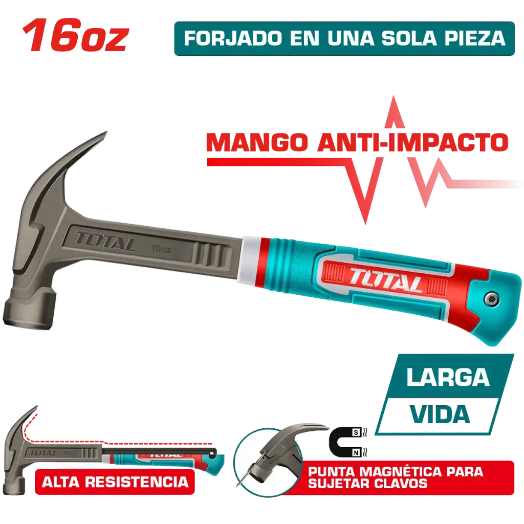 Martillo manual carpintero galponero   450Gr c-uña Ac AntiShock THCH61016L XMCI04500 TOTAL