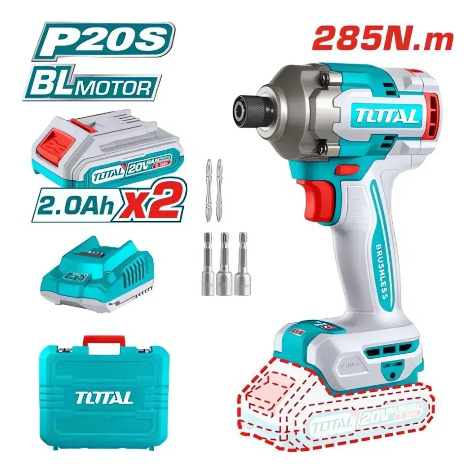 Atornillador impacto 20V 1/4" 285NM 2 bat + cargador BRUSHLESS TIRLI2028-4 V2VIAI210 TOTAL