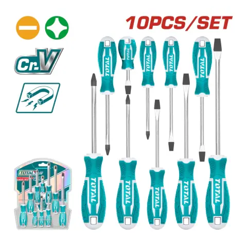 Juego de destornilladores 10 piezas planos-Phillips CR-V imantado THT250610 XDKI01000 TOTAL