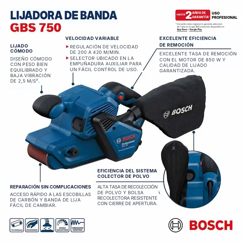 Lijadora de banda 850W 75x533mm Velocidad Variable GBS 750 06012C10H0 BOSCH