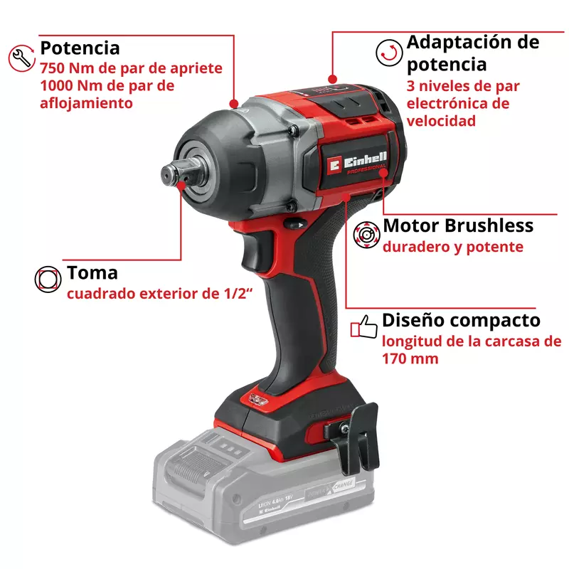 Llave impacto bateria 18V  1/2"  750Nm + tubos alto impacto 4510065 TP-CW 18/750-C Li BL - Solo EINHELL