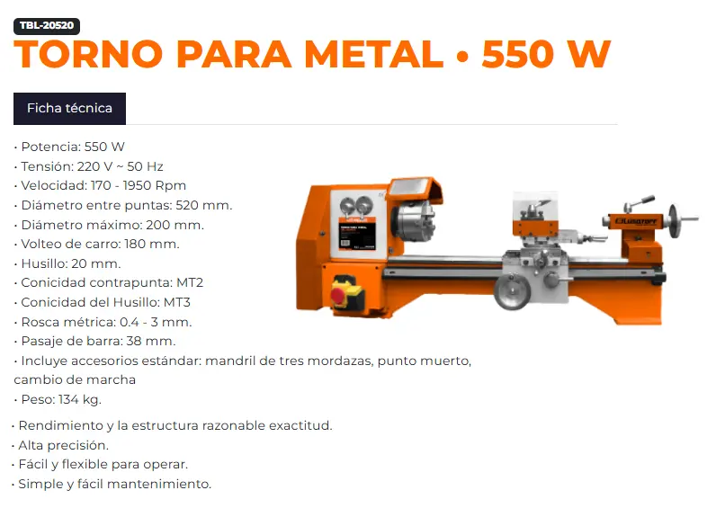 Torno de banco p-metal 520mm entre puntas 550W  220V 134kG TBL-20/520 LUSQTOFF