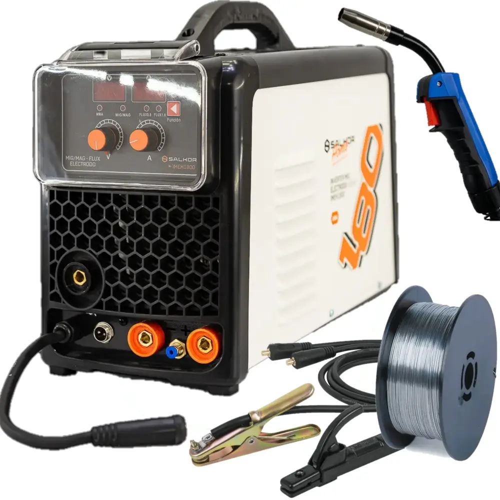 Soldadora Inverter MMA MIG/MAG 180A 5100W apta 1kG y 5kG con o sin gas, incluye pinzas y alambre FLUX IMEH1800 SALKOR
