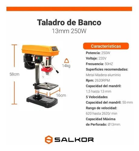 Taladro de banco 13MM 250W TBH1300 601.TBH1300 SALKOR