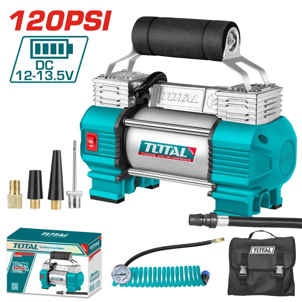 Compresor 12V 4x4 doble pistón aluminio 120 PSI TTAC2506 VCMI01200 TOTAL