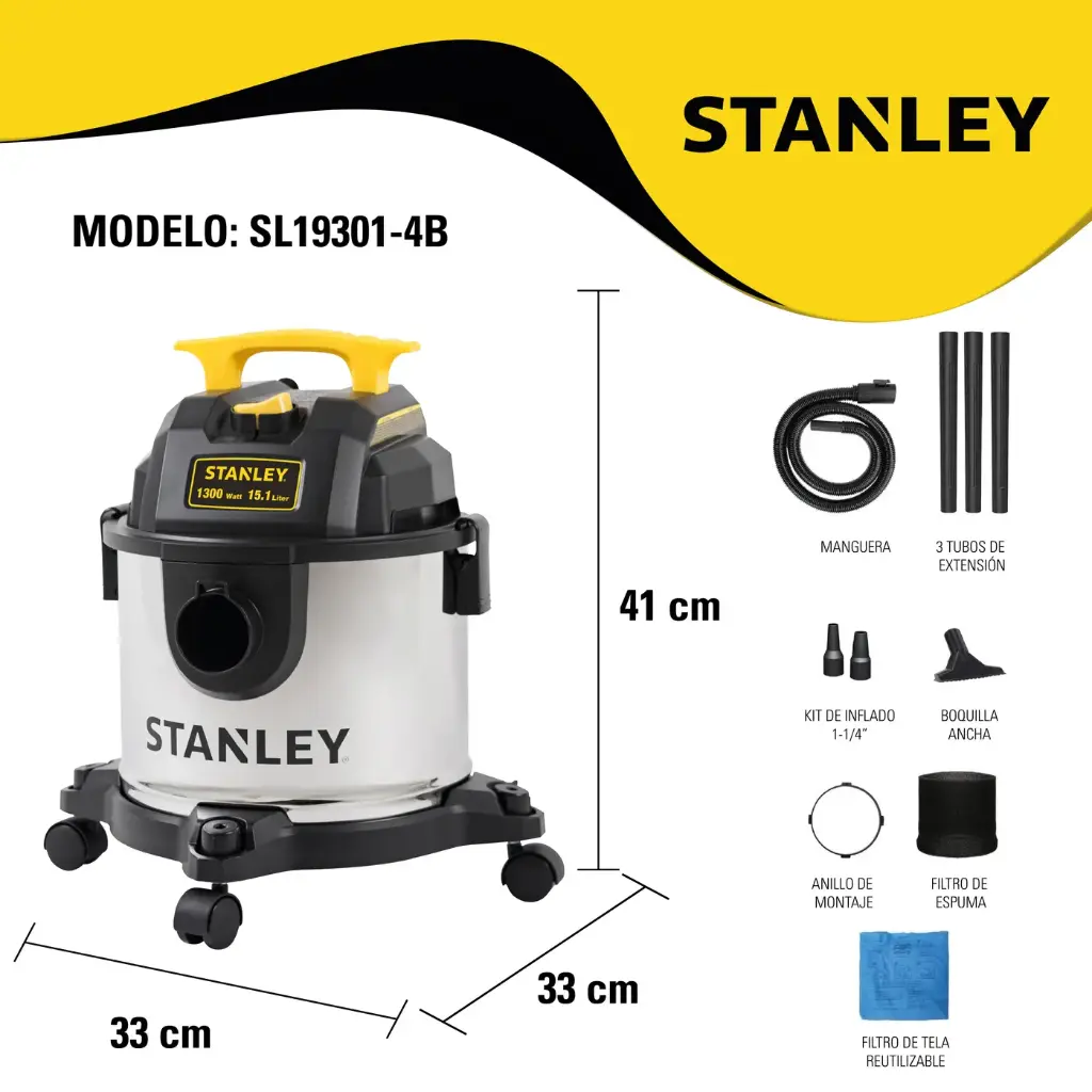 Aspiradora 15 LTS 1300w inoxidable seco húmedo SL19301-4B STANLEY