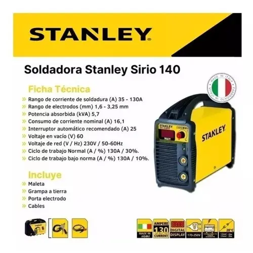 Soldadora Inverter Sirio 140  @130Amp + maletín cód 61338KEE STANLEY