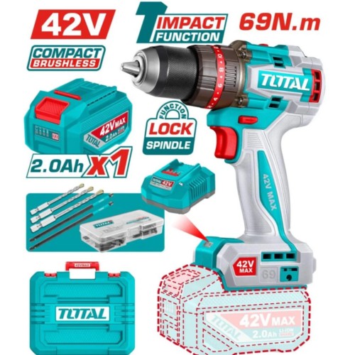 Taladro-ator Percutor 42V 13mm 69nm + 1 Batería + Maletín BRUSHLESS V42ITI060 TIDLI426981-4 TOTAL