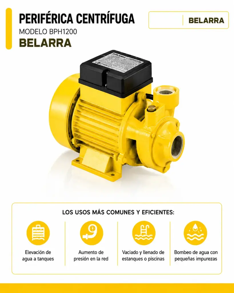 Bomba periférica 1/2 HP 220V 33L/min c-turbina acero inoxidable rodamientos blindados 15Mts BPH1200 BELARRA 