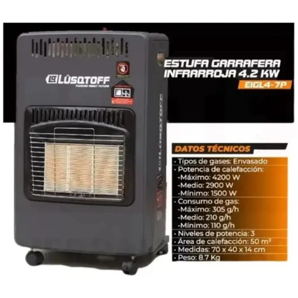 Estufa garrafera s/regulador 3 quemadores plegable c-piloto EIGL4-7P LUSQTOFF