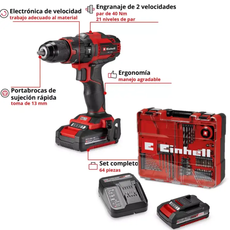 Taladro-percutor a bater  13mmD metálico c-bat 18V Li-Ion Kit 4514325 TE-CD 18/40 Li-i +64 (1x2,0Ah) EINHELL