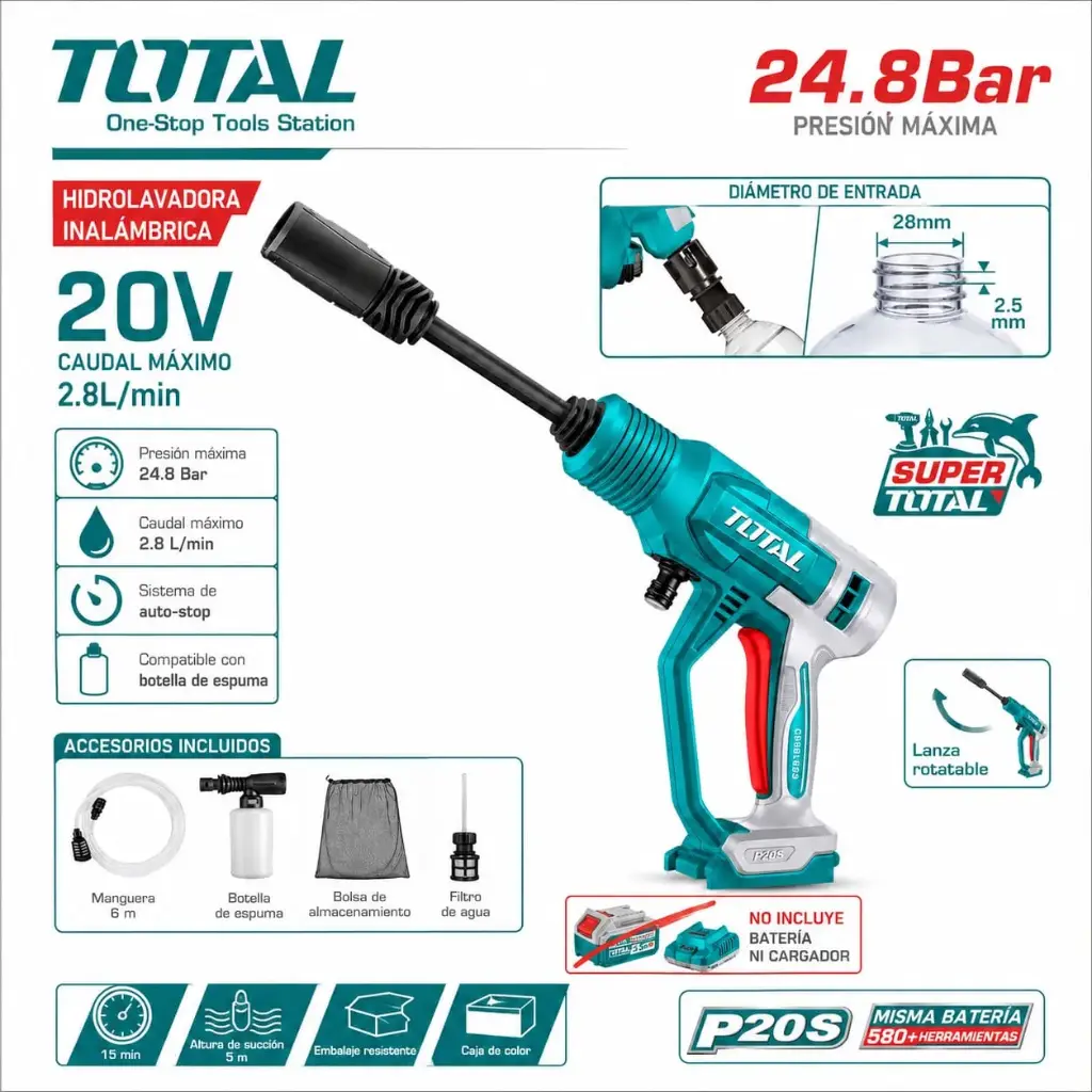 Hidrolavadora 24.8 Bar 20V 2.8lts/min SOLA TPWLI2036 V2V0HB241 TOTAL