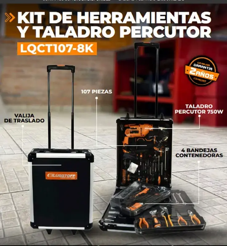 Caja maletín con ruedas porta herramientas 106 piezas con taladro percutor 650W LQCT107-8K LUSQTOFF