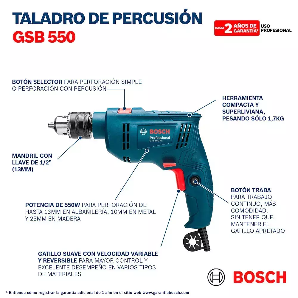 Taladro-percutor 13mmD  550W Heavy Duty GSB 550 RE 06011B60H0 BOSCH