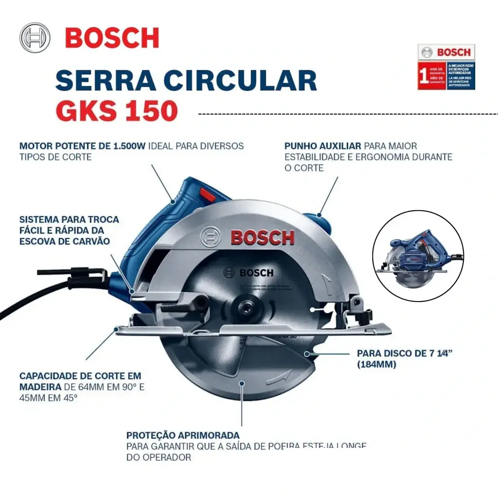 Sierra circular  184mmD (7.1/4") 1500W  6000rpm GKS 150 06016B30H0 BOSCH