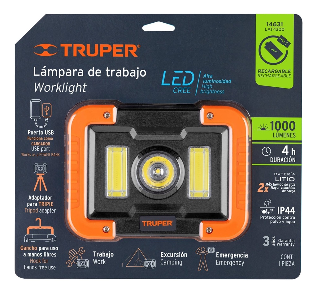 Lampara reflector LED 1000 LM batería USB 14631 TRUPER