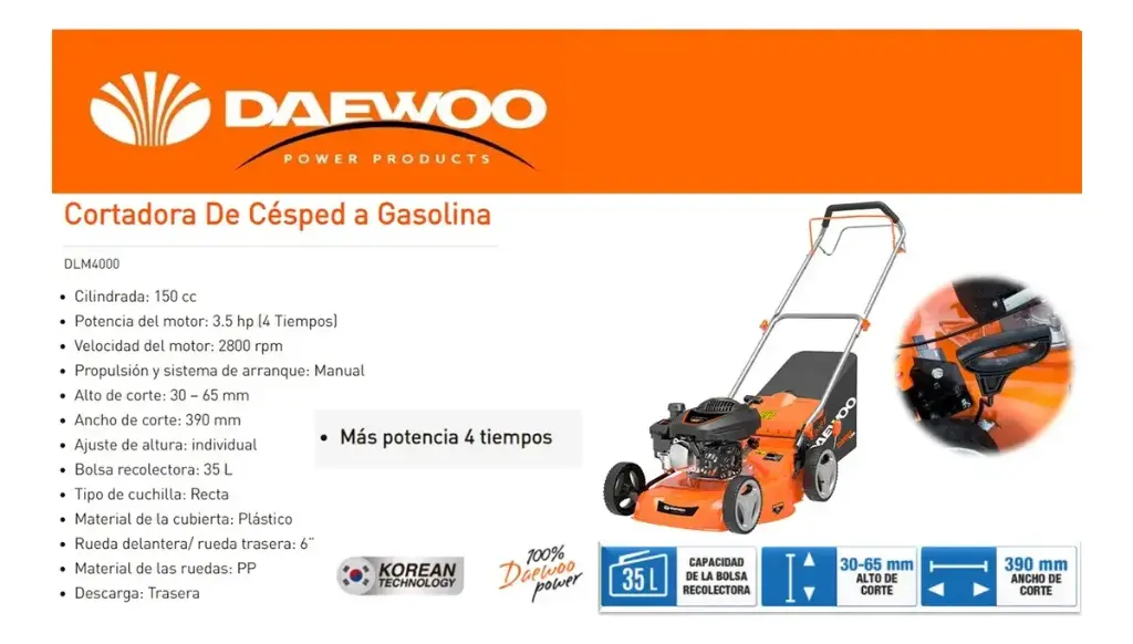Cortadora de césped explosión 3,5HP 4T 390mm c-bolsa DLM4000 DAEWOO