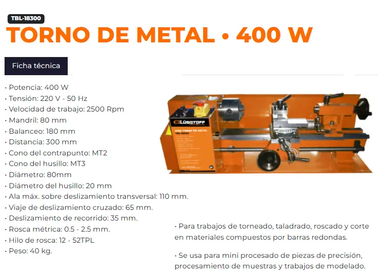 Torno de banco p-metal 300mm entre puntas 400W 220V 40kG TBL-18/300 LUSQTOFF