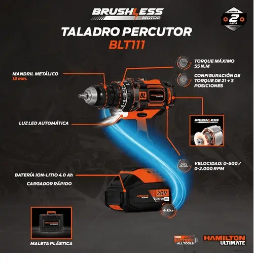 Taladro-percutor a bat  13mmD 55nm + maletín + 1 batería 4.0A BRUSHLESS 20V BLT111 HAMILTON