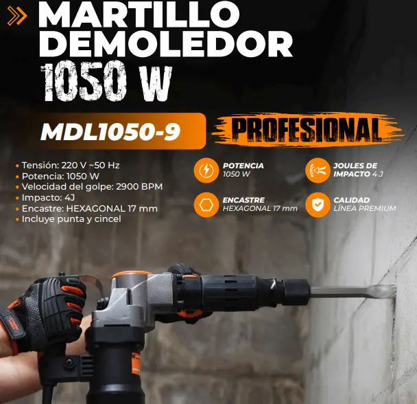 Martillo demoledor 1050W 8J SDS Hexagonal 17mm + cincel punta maletín BLACK SERIES MDL1050-9 LUSQTOFF