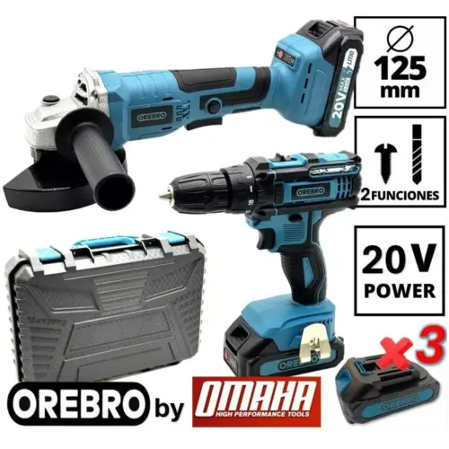 Taladro-Ator + Amoladora 20V inalambrico Kit Maletín 3 Bat TAK-20V OREBRO By OMAHA