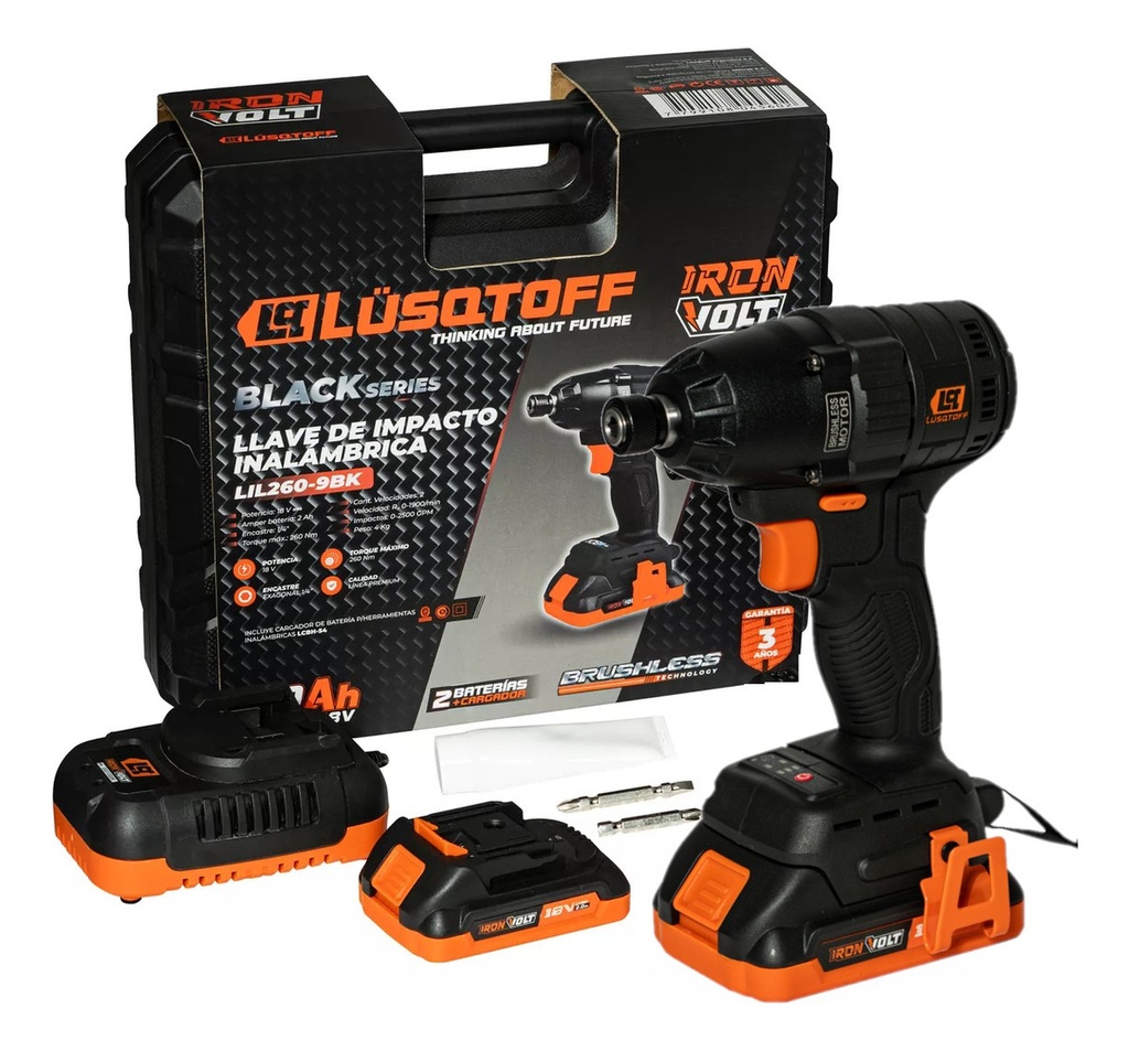 Atornillador Impacto 260nm inalam 18V + 2 bat 2.0A Brushless IRON VOLT Black Series LIL260-9BK LUSQTOFF