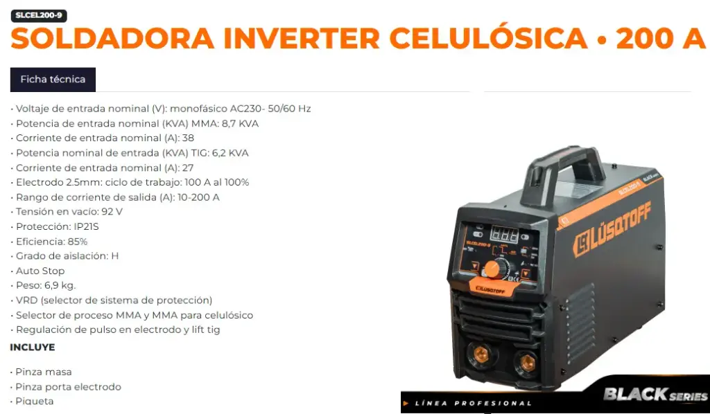 Soldadora Inverter   200A 220V @30% MMA-TIG LIFT apta celulósico 92V vacío SLCEL200-9 LUSQTOFF