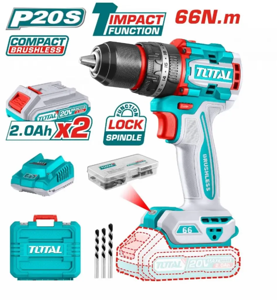 Taladro-ator Percutor 20V 13mm 66nm + 2 Baterías + Maletín BRUSHLESS TIDLI20668-4 V2VITI251 TOTAL