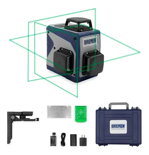 Nivel laser de línea 50mts 3 Lineas 360° VERDE + maletín, soporte magnético, receptor, batería litio 7724 BREMEN