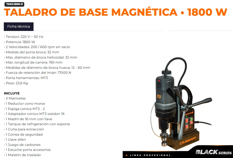 Taladro base magnética 1800W 17000N 190mm prof p-Fresa 12-60mm + adaptador y mandril 16mm TMGL1800-9 LUSQTOFF