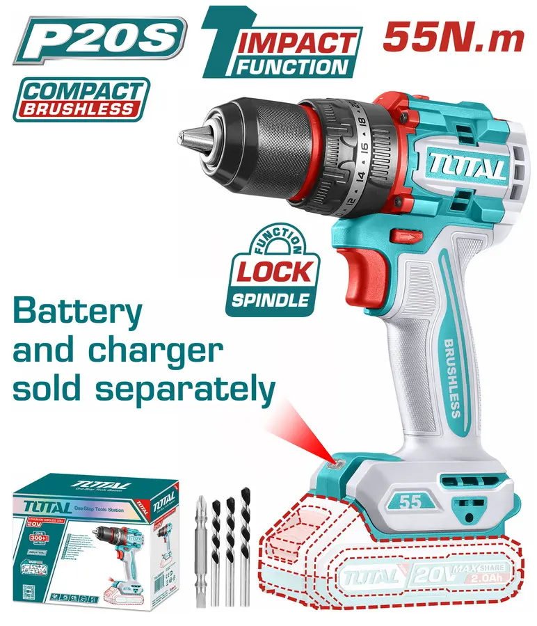 Taladro-ator Percutor 20V 13mm metálico 55nm BRUSHLESS SOLO TIDLI205581 V2VITI216 TOTAL