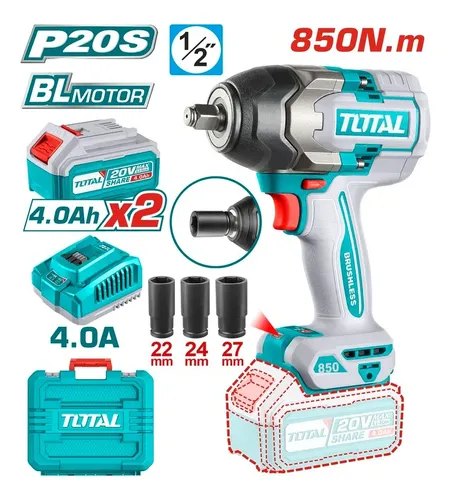 Llave Impacto 20v 1/2" 850Nm BRUSHLESS + 2 bat 4.0 Cargador + 3tubos + maletín TIWLI2085-4 V2VILI251 TOTAL