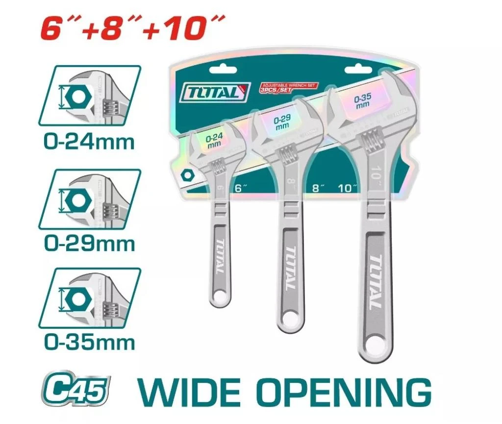 Set x3 Llaves ajustables francesas 150-200-250mmL 6-8-10" XLA0S0030 THTK1013 TOTAL