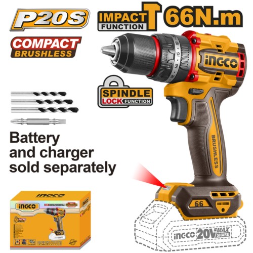 Taladro-ator Percutor 20V 13mm 66nm BRUSHLESS SOLO  CIDLI206681 INGCO