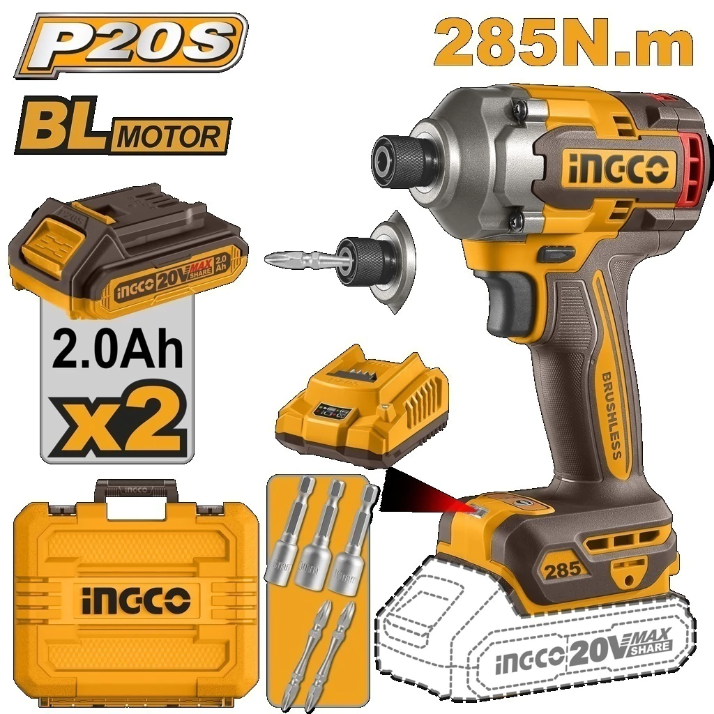 Atornillador de Impacto 20V 285Nm + Kit con 2 Baterías, cargador y accesorios BRUSHLESS CIRLI2028-4 INGCO