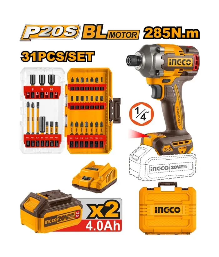 Atornillador Impacto 1/4" 20 V + 2 bat 4.0 + cargador + 31 accesorios BRUSHLESS COSLI240966 INGCO