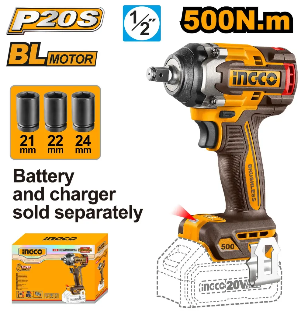 Llave de Impacto 1/2" 20V 500nm +3 tubos BRUSHLESS SOLO CIWLI20501 INGCO