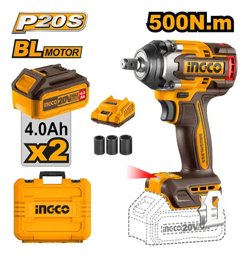 Llave impacto 1/2" 20V 500nm + 2 baterías 4.0A cargador maletín BRUSHLESS  CIWLI2050-4 INGCO