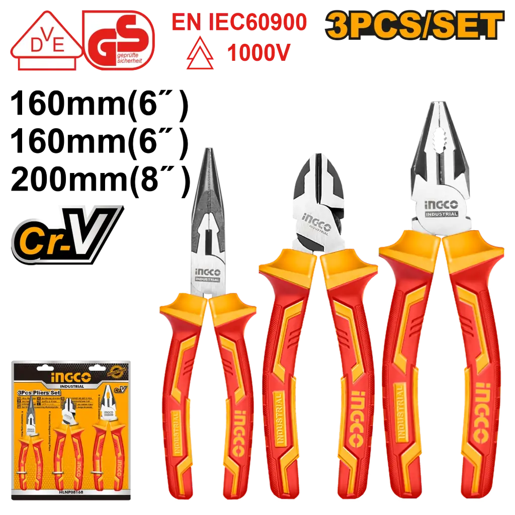 Set x 3 alicate y pinzas 6"-6"-8" profesional aislado 1000V electricista HKPS28318 INGCO