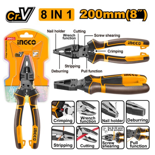 Pinza alicate electricista 8 en 1 200mm 8" Cr-V HMFCP28200 INGCO