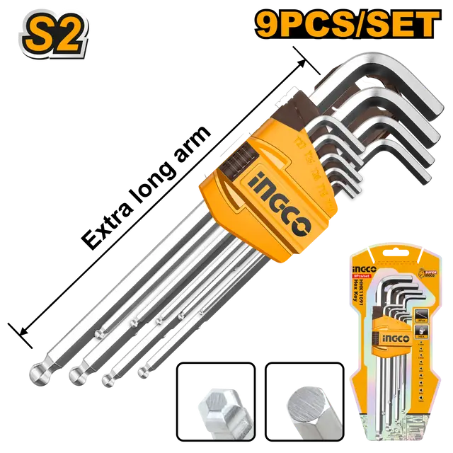 Llaves Allen 1,5 a 10mm punta bola extra larga HHK12092 INGCO