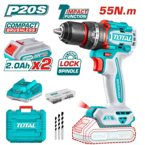 Taladro-ator Percutor 20V 13mm metálico 55nm 2Bat TIDLI20558-4 V2VITI217 TOTAL