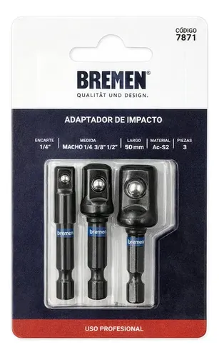 ADAPTADOR IMPACTO 1/4" Hexagonal x 1/4" 3/8" 1/2" Cuadrado Macho ( 50mm) [3 unid] 7871 BREMEN