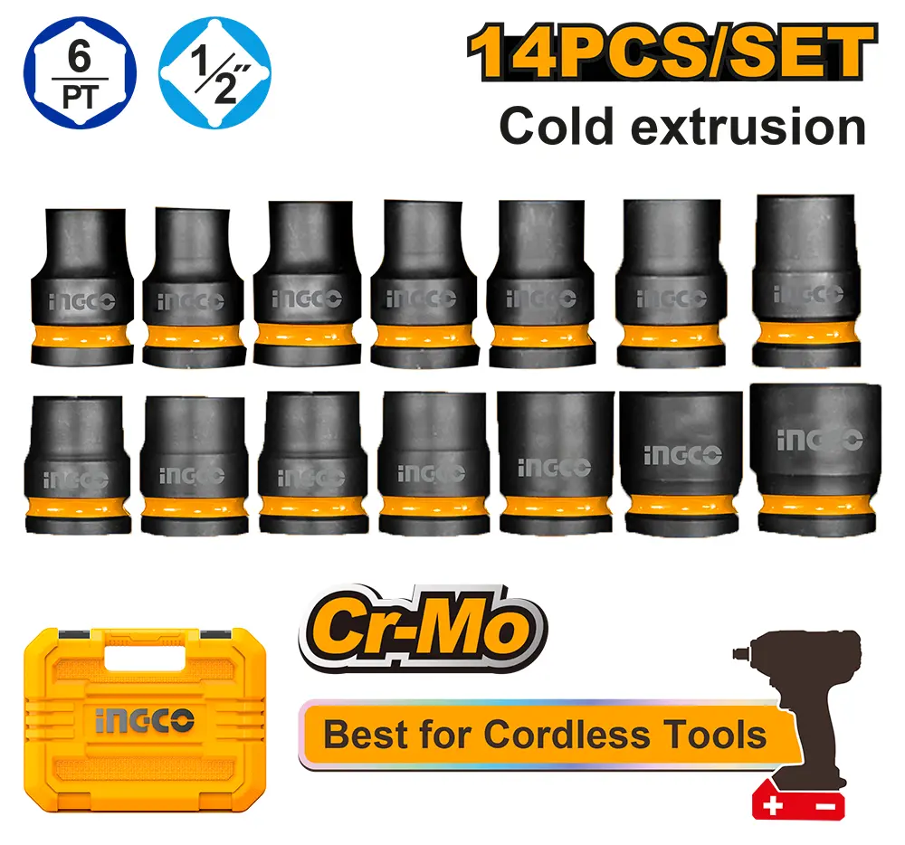 Set 14 bocallaves alto impacto + maletín Cr-Mo HKISSD12141 INGCO