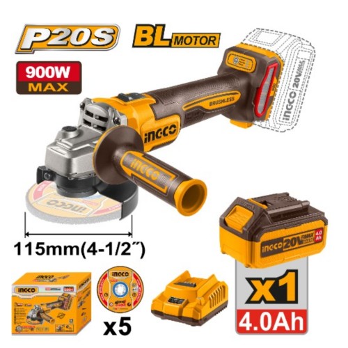 Amoladora a bateria 20v Kit con cargador, bateria 4.0 5 discos caja cartón BRUSHLESS CAGLI261521-4 INGCO