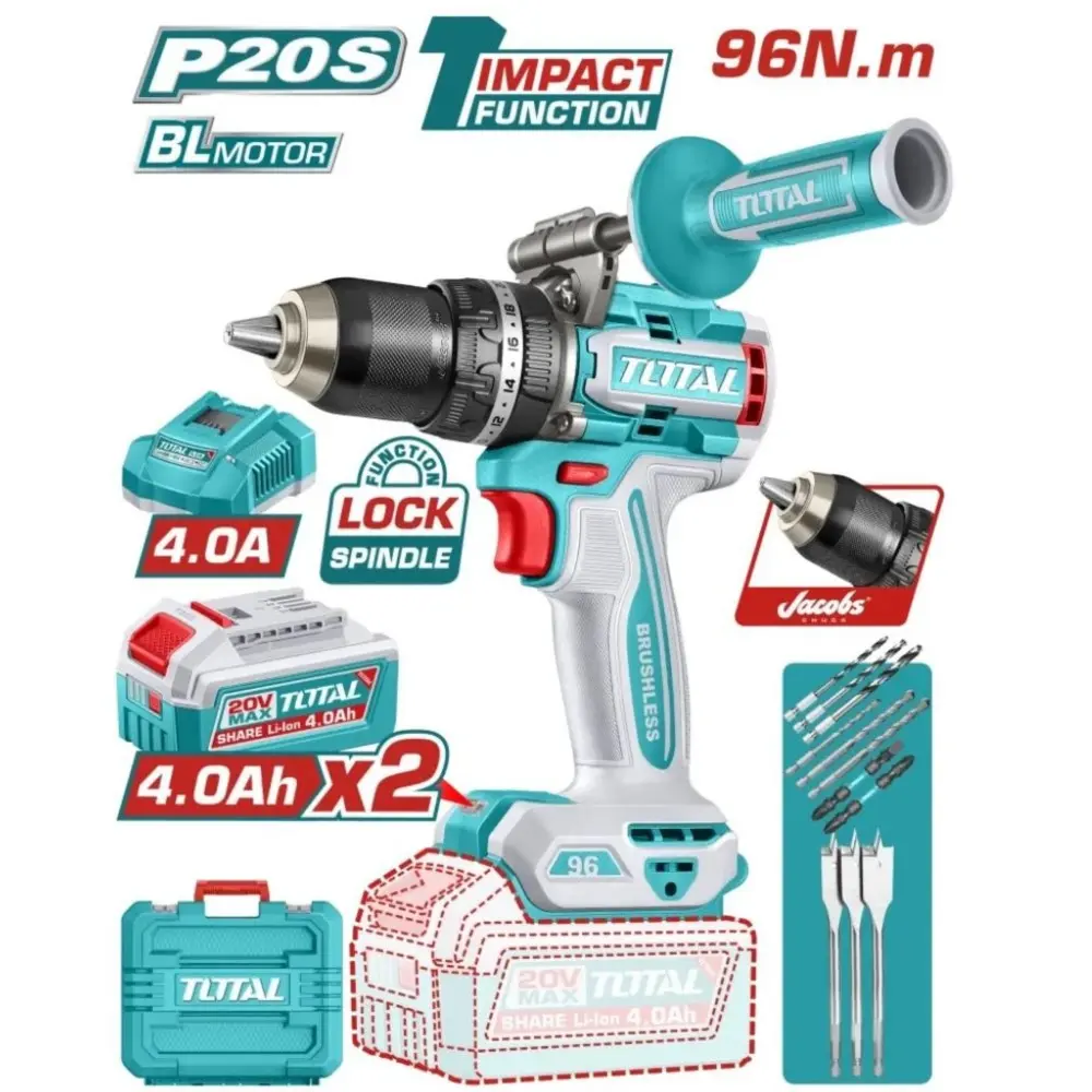 Taladro-Percutor inalambrico 20V 96NM 2000 rpm INDUSTRIAL BRUSHLESS + 2 bat 4.0 maletín TIDLI209686-4 V2VITI302 TOTAL