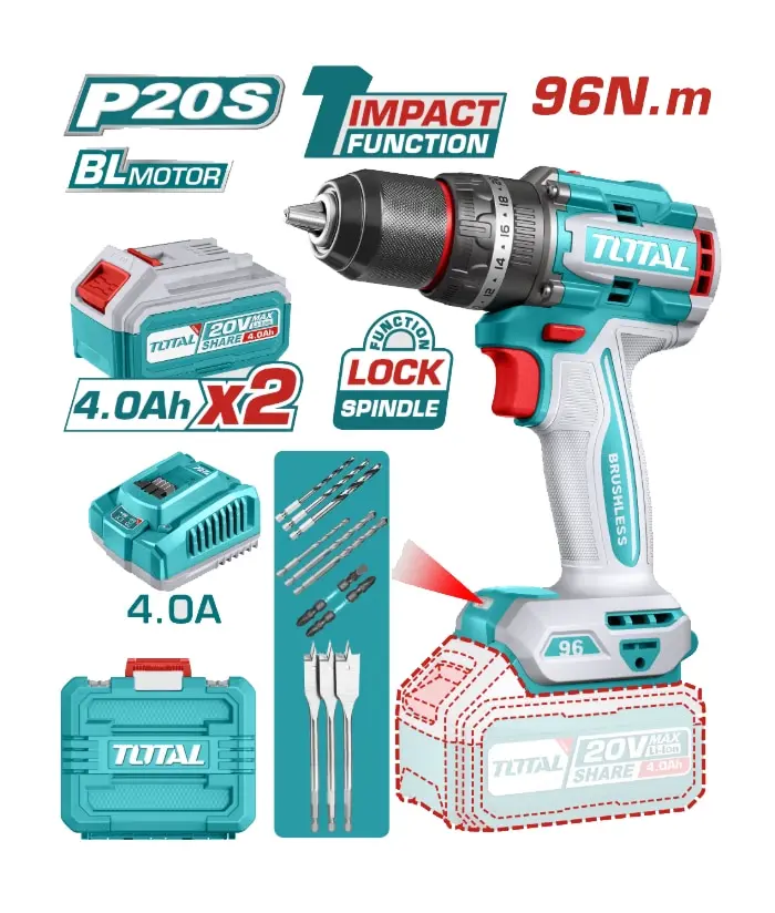 Taladro-Percutor inalambrico 20V 96NM Brushless 2000 rpm INDUSTRIAL 2 bat 4.0 maletin V2VITI300 TIDLI20968-4 TOTAL