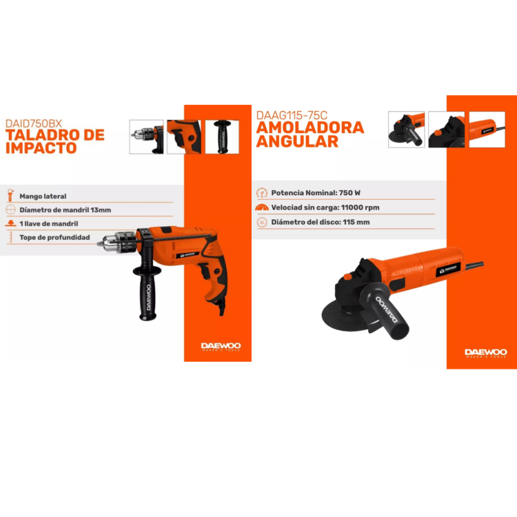 Taladro Percutor 13mm DAID750BX + Amoladora 115mm 750W DAAG115-7C SUPERPACK DAAG115-75C +DAID750 DAEWOO