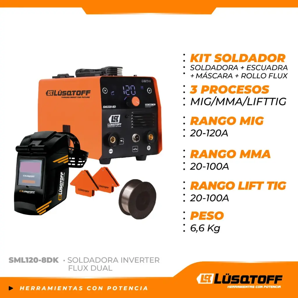 Soldadora inverter Dual MMA + MIG  120A  220V + alambre + máscara + 2 escuadras SML120-8DK LUSQTOFF
